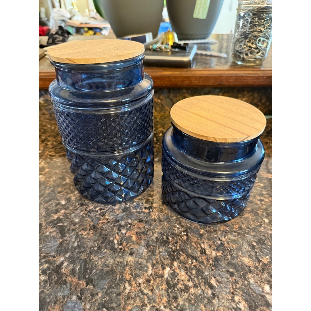 Cobalt Blue Glass Canister Set 2pc‎ Diamond Quilted Pattern with Wood Lids